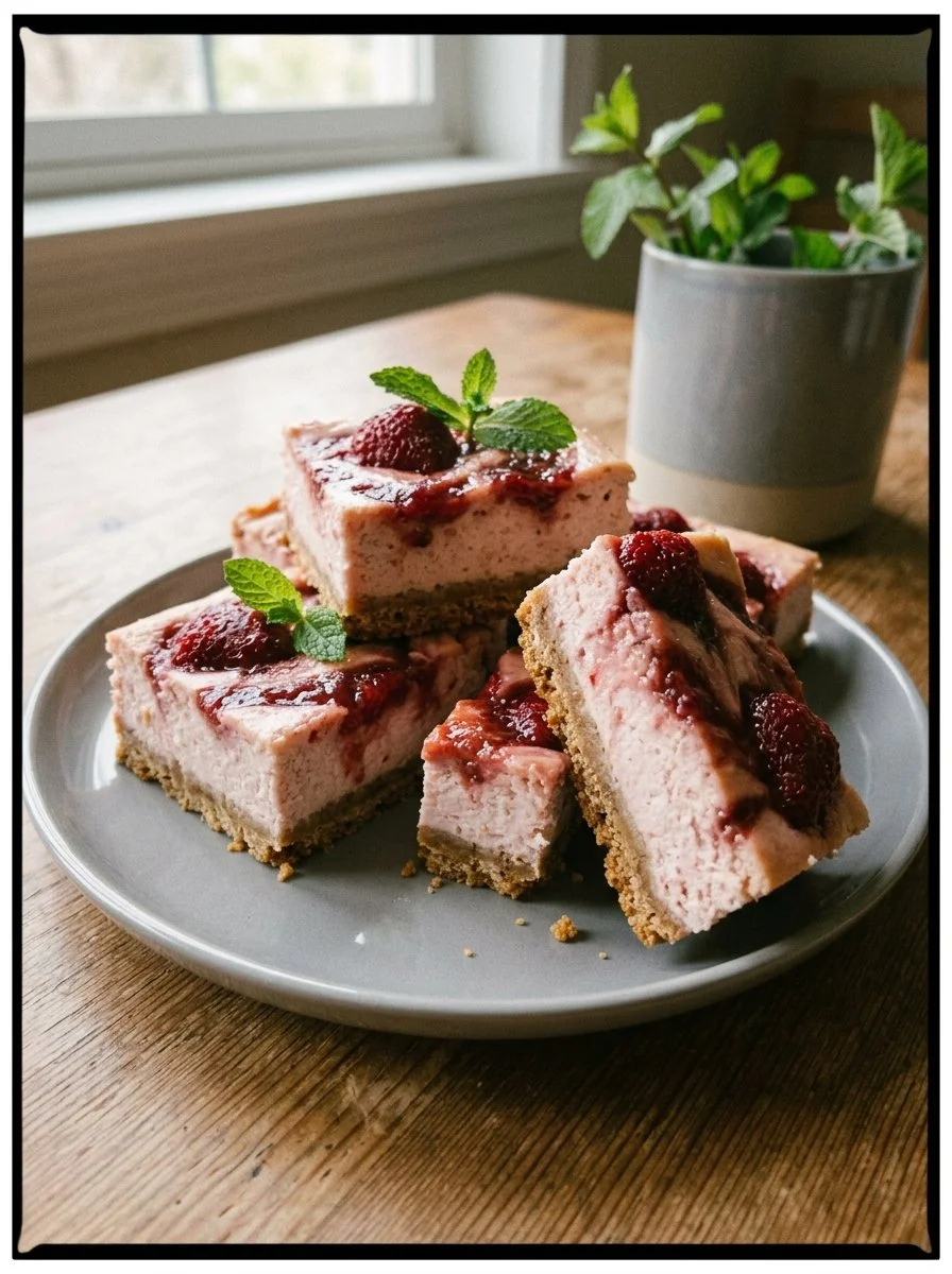 Soft strawberry cheesecake bars topped with fresh strawberries