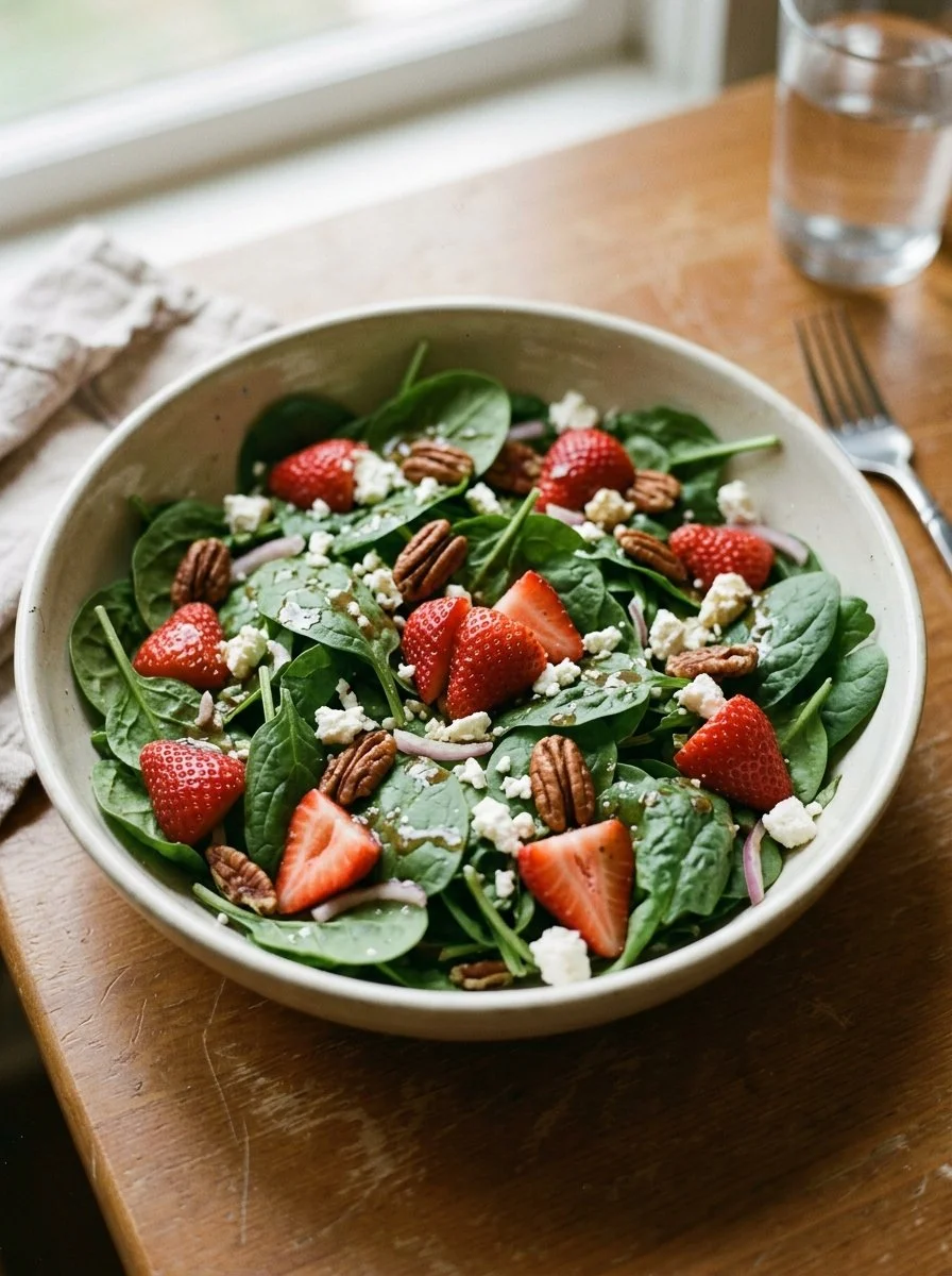Fresh strawberry spinach salad served in a bowl for summer dining
