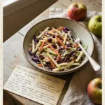 Delicious fall apple slaw served in a bowl, garnished with fresh herbs.