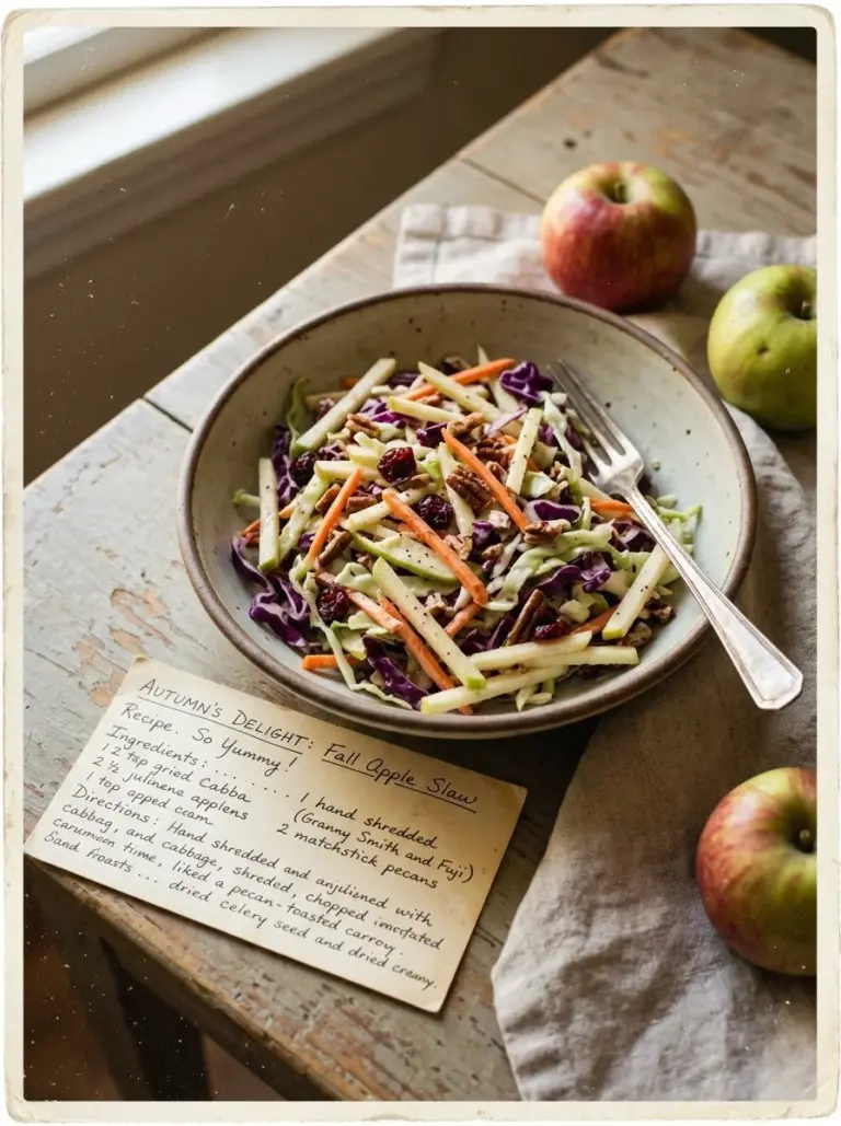 Delicious fall apple slaw served in a bowl, garnished with fresh herbs.