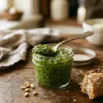 A vibrant bowl of fresh Basil Pesto made with basil, pine nuts, and olive oil