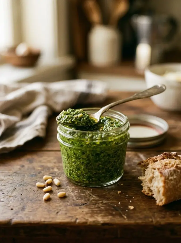 A vibrant bowl of fresh Basil Pesto made with basil, pine nuts, and olive oil