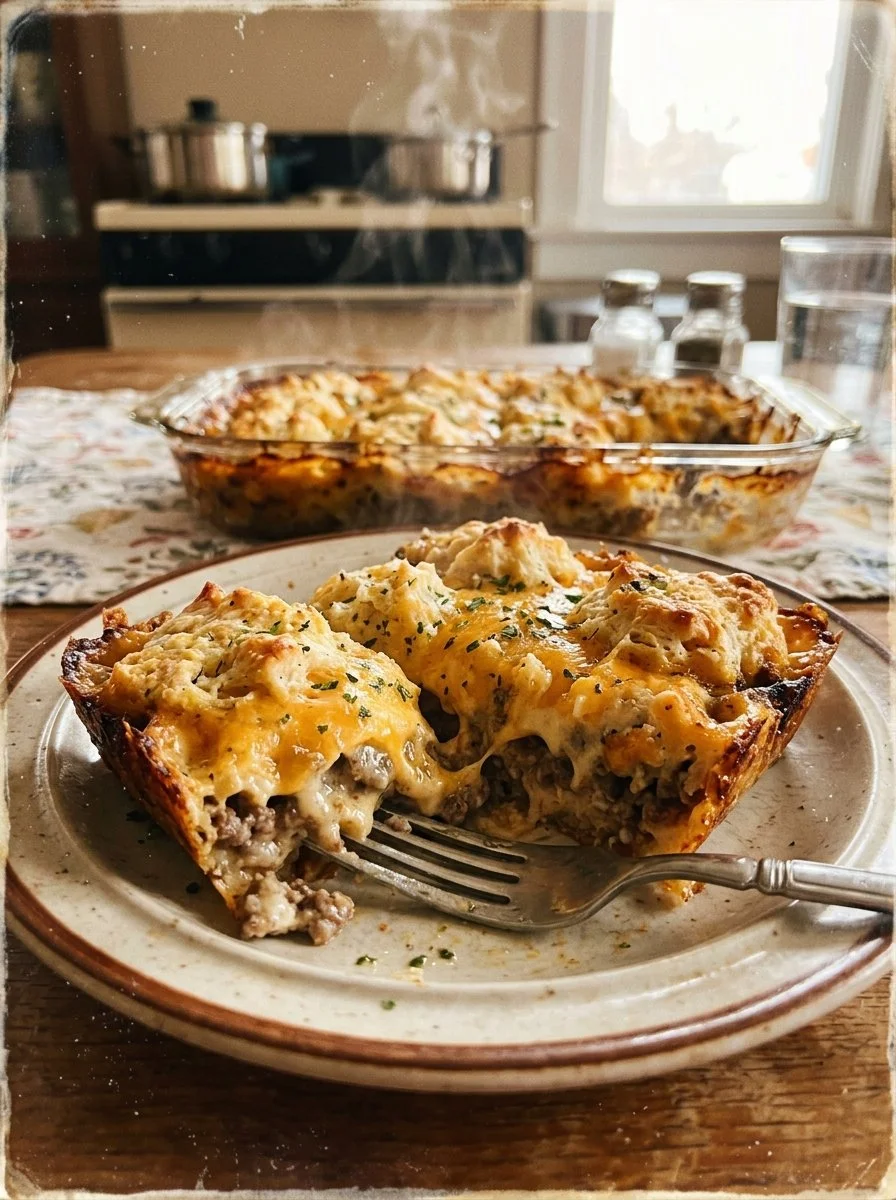 Delicious Cheddar Bay Hamburger Casserole served in a baking dish