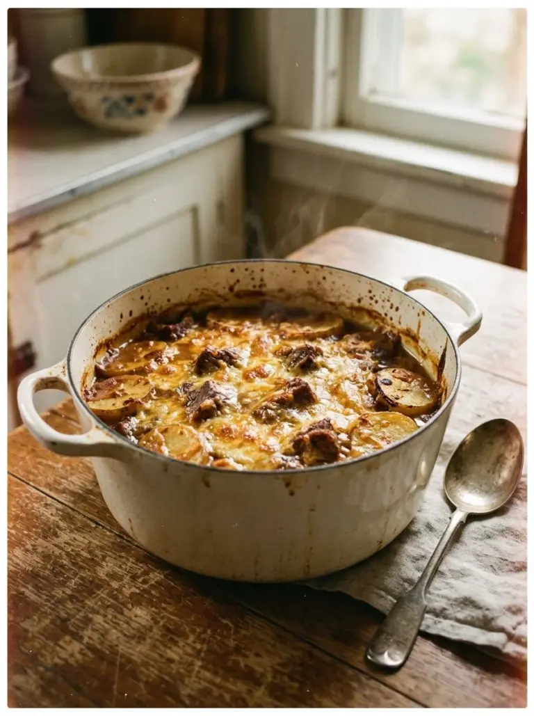 Creamy one pot beef and potato casserole served in a dish