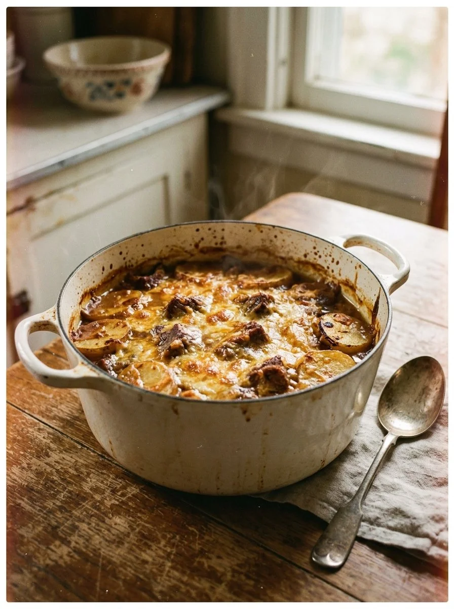 Creamy one pot beef and potato casserole served in a dish
