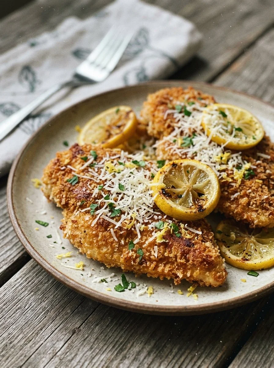 Delicious crispy lemon pecorino chicken garnished with herbs