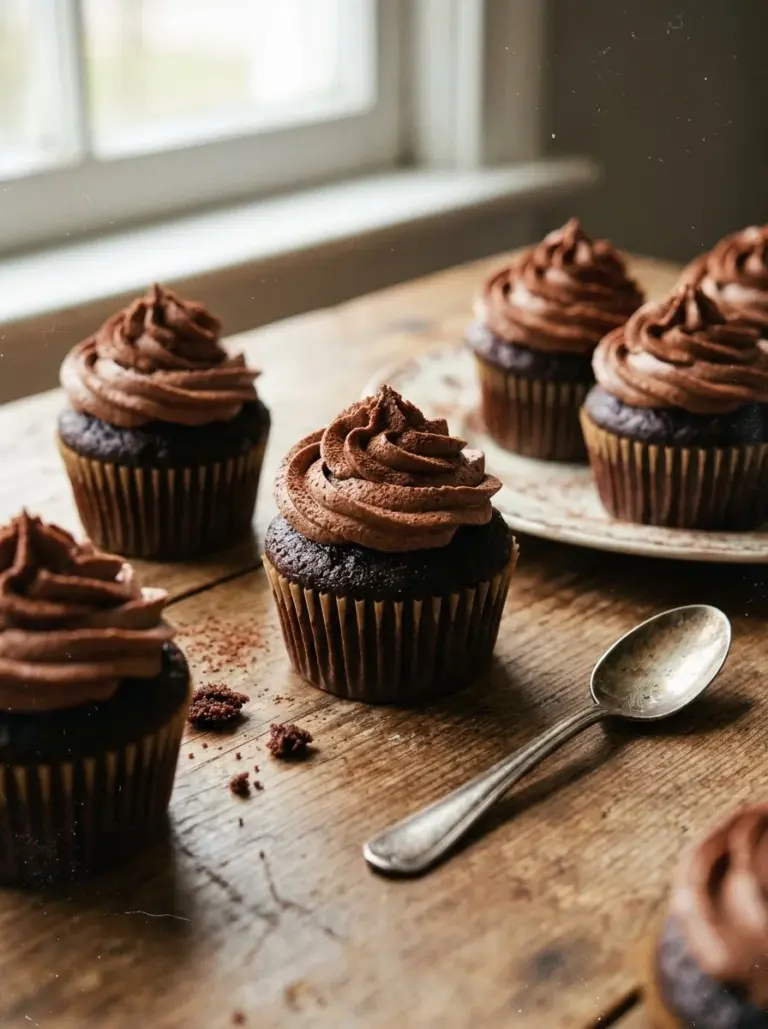 Decadent homemade moist chocolate cupcakes topped with rich chocolate frosting