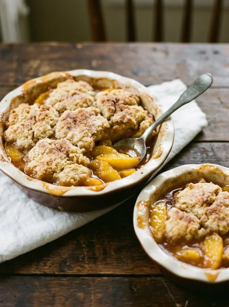Delicious Southern peach cobbler with fresh peaches and a golden crust.