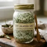 Homemade jalapeno salt in a jar with fresh jalapenos