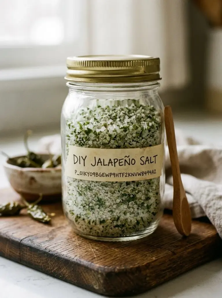 Homemade jalapeno salt in a jar with fresh jalapenos