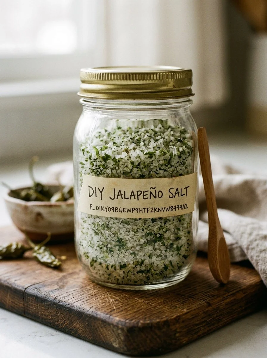 Homemade jalapeno salt in a jar with fresh jalapenos