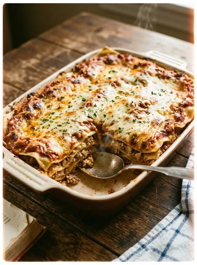 Delicious dumpling lasagna dish served with fresh herbs