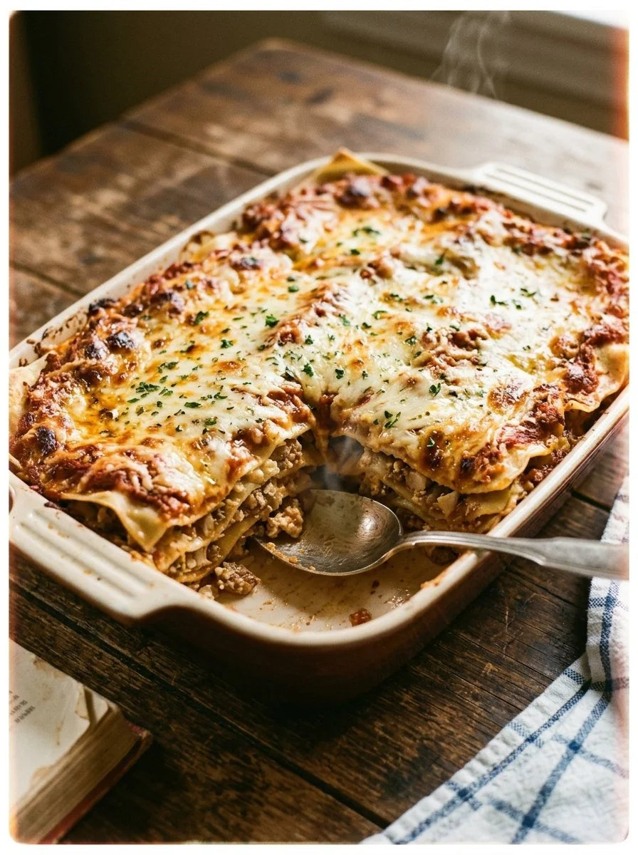 Delicious dumpling lasagna dish served with fresh herbs
