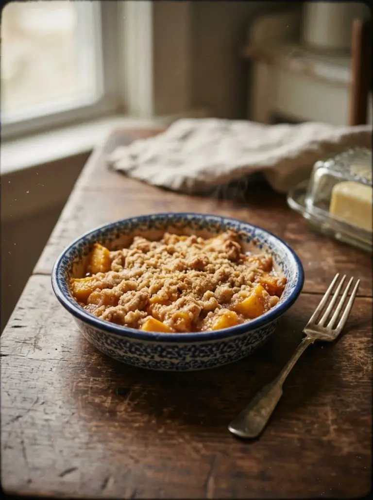 Delicious easy peach dessert with fresh peaches and creamy topping