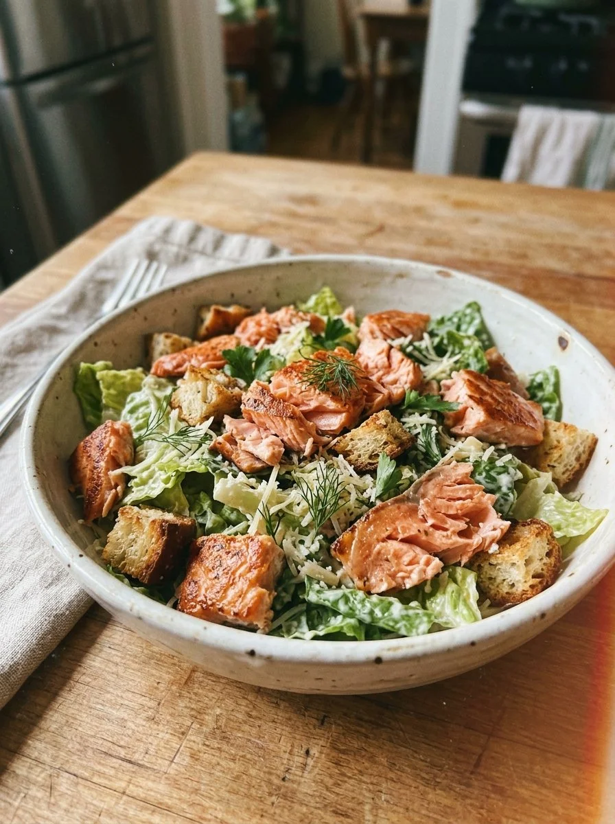 Bowl of easy salmon Caesar salad with fresh greens and dressing