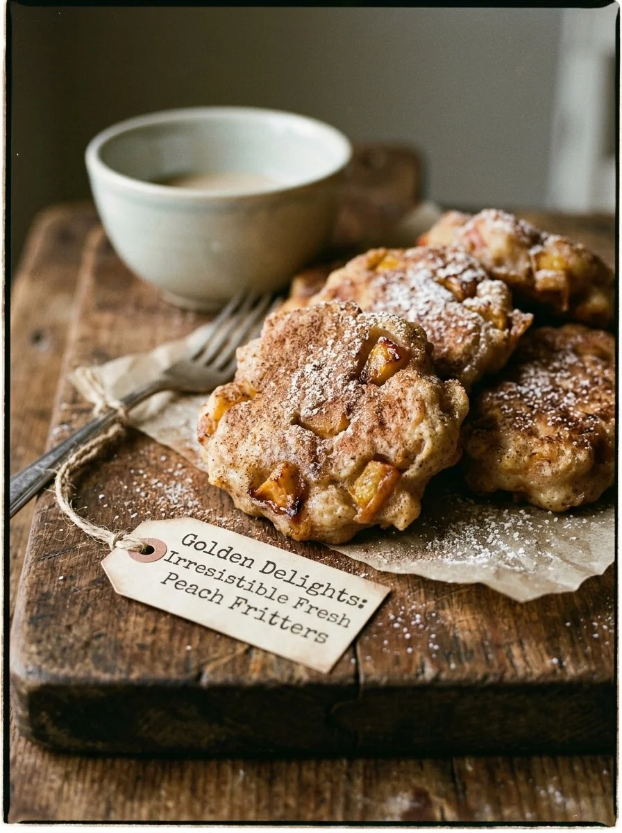 Freshly made golden peach fritters for a sweet dessert treat.