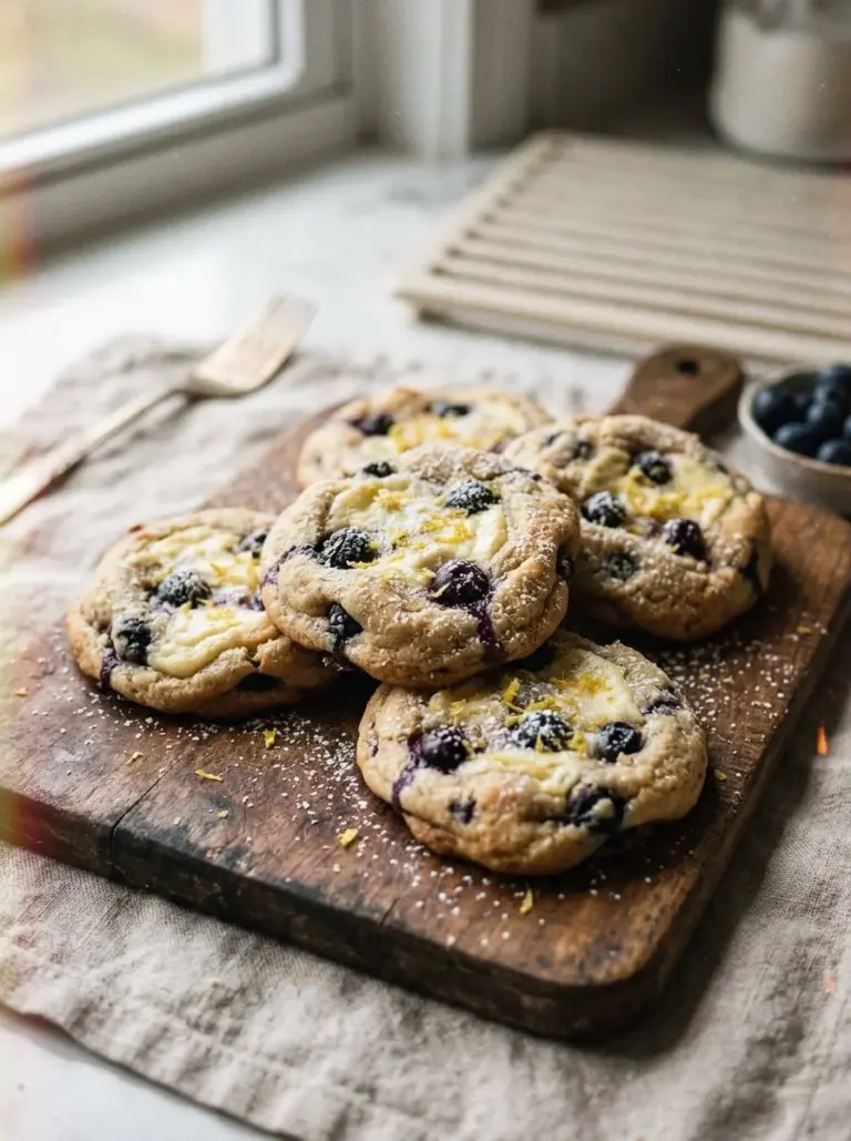 Heavenly lemon blueberry cheesecake cookies on a plate