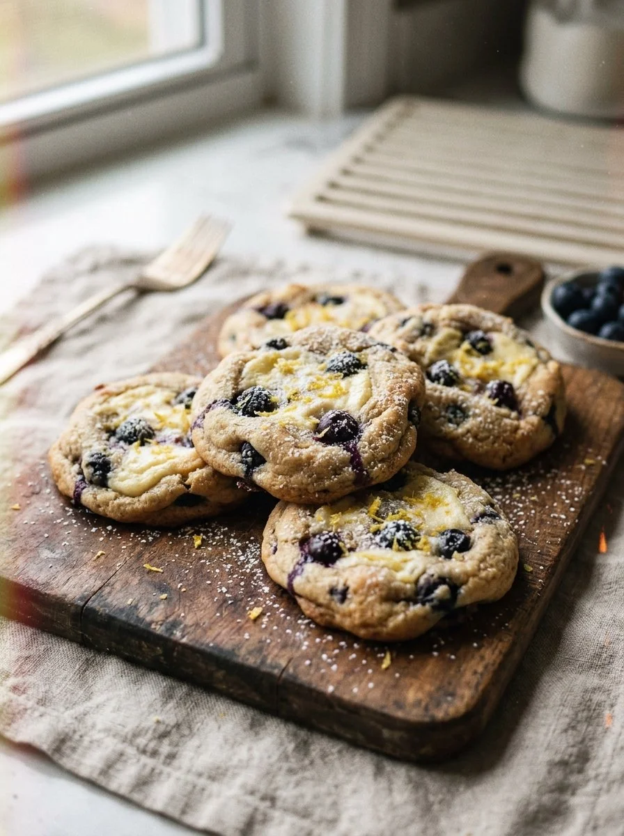 Heavenly lemon blueberry cheesecake cookies on a plate