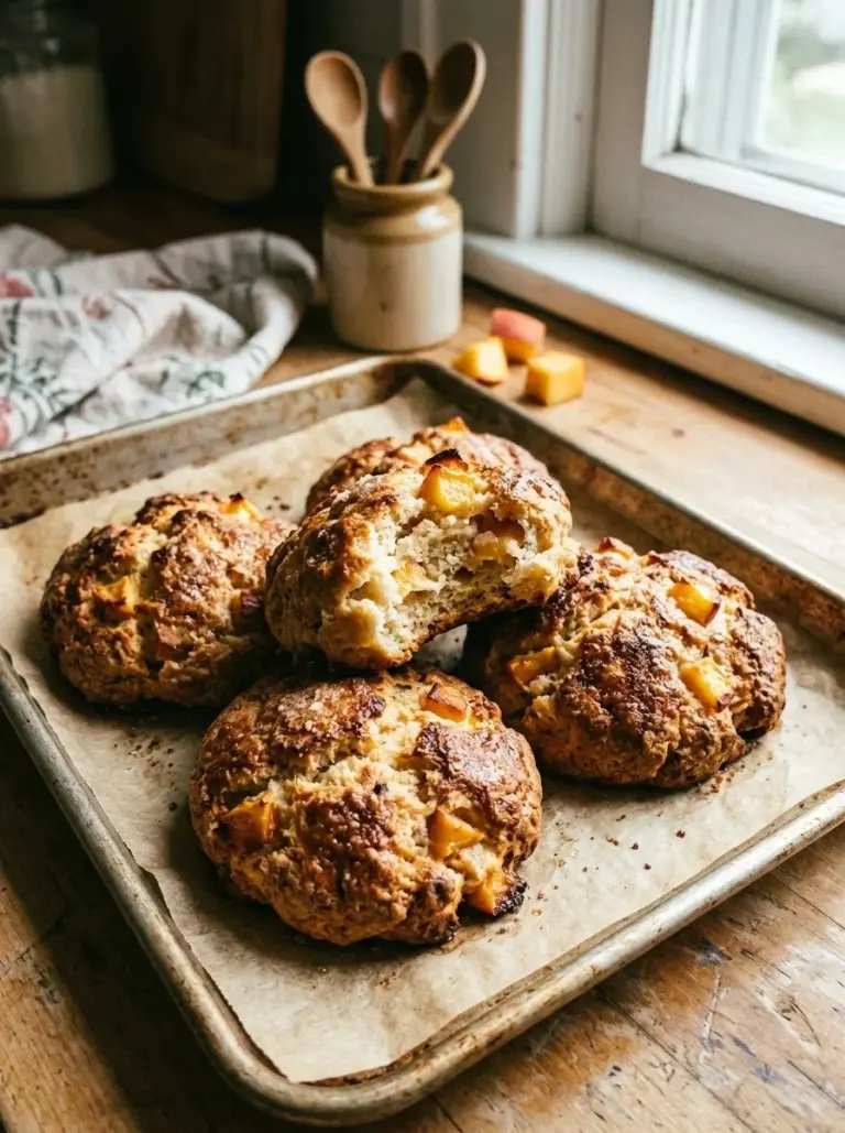 Freshly baked heavenly soft peach scones on a plate