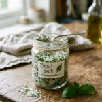 Homemade basil salt in a jar with fresh basil leaves