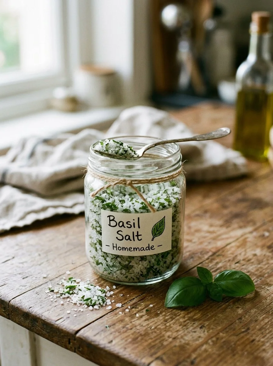 Homemade basil salt in a jar with fresh basil leaves
