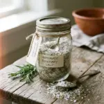 Jar of homemade rosemary salt with fresh rosemary sprigs for seasoning.