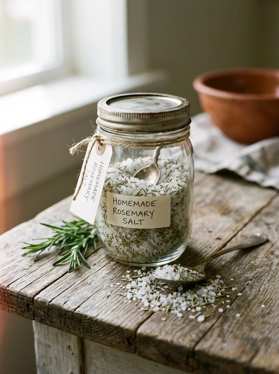 Jar of homemade rosemary salt with fresh rosemary sprigs for seasoning.