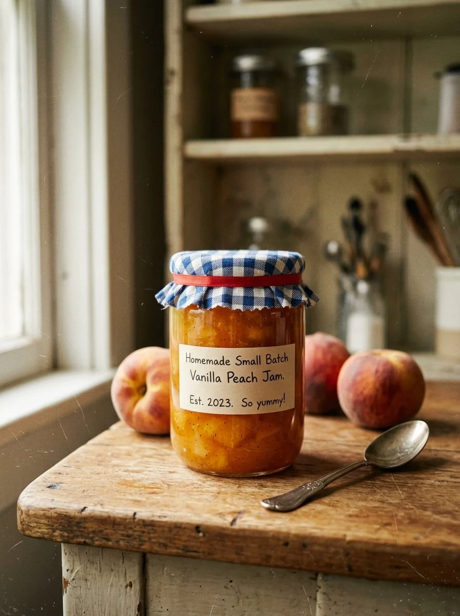 Homemade small batch vanilla peach jam in a jar with fresh peaches