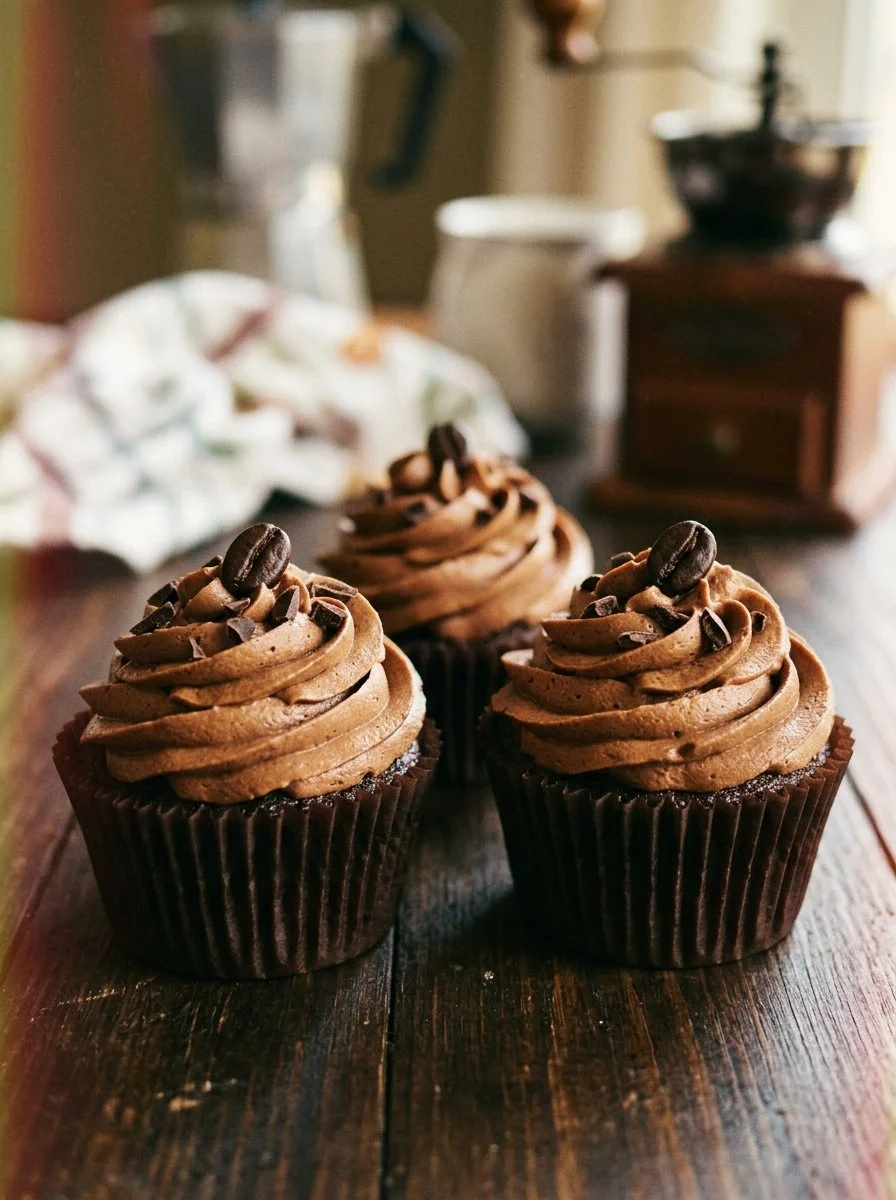 Delicious chocolate coffee cupcakes topped with creamy frosting