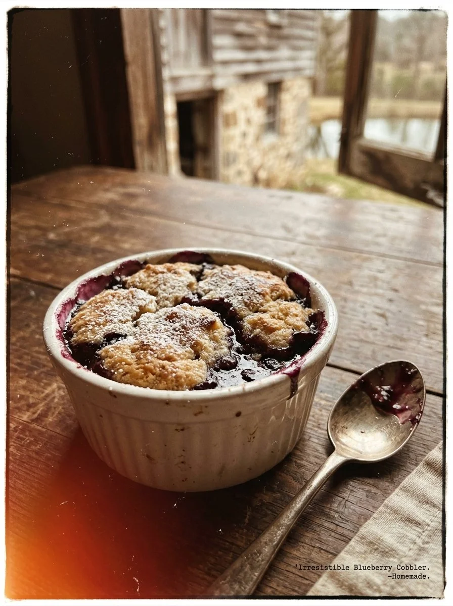 Delicious homemade blueberry cobbler with fresh blueberries and golden topping.
