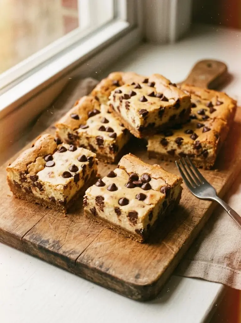 Delicious chocolate chip cheesecake bars with a creamy texture and chocolate chunks