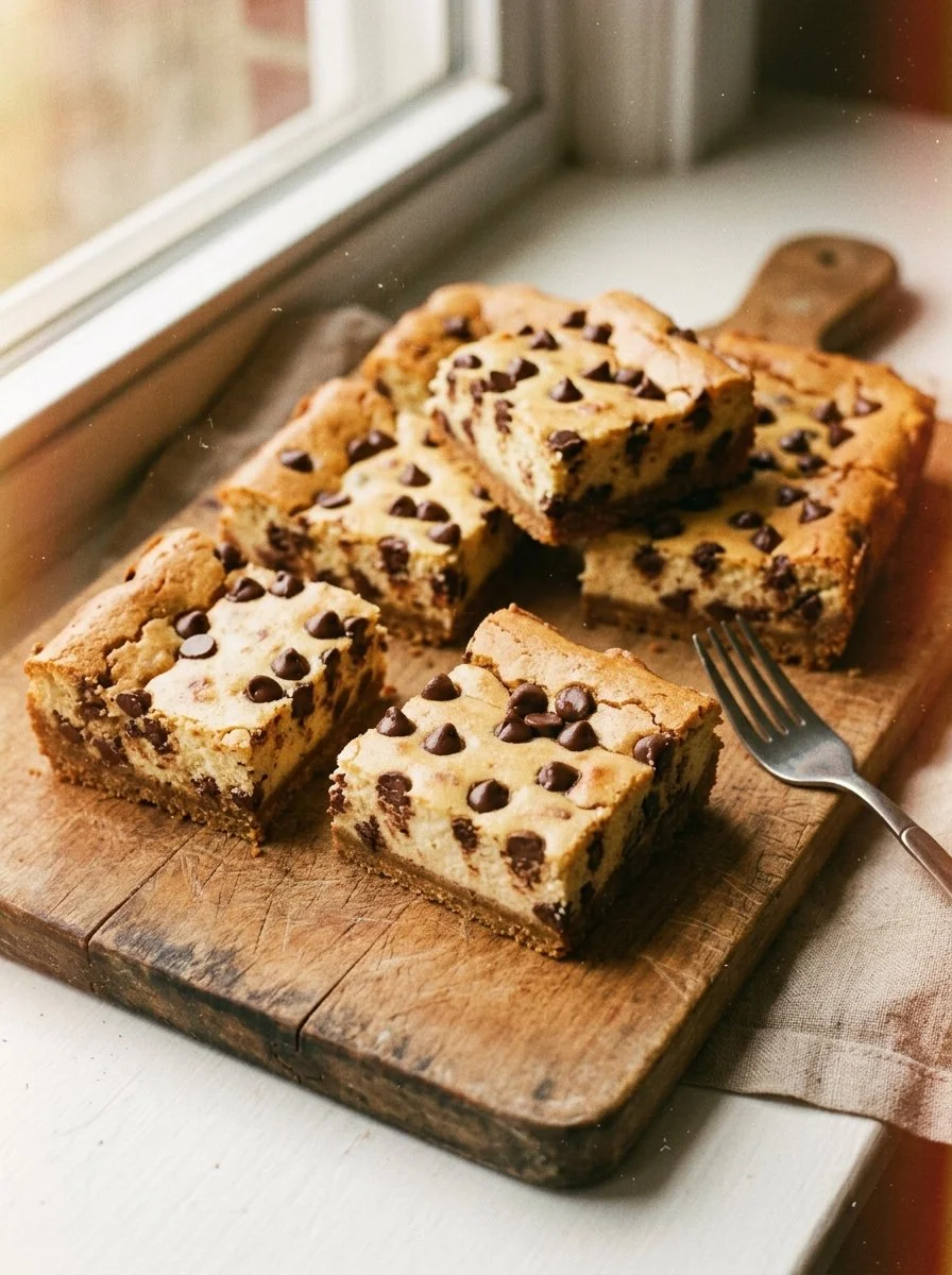 Delicious chocolate chip cheesecake bars with a creamy texture and chocolate chunks