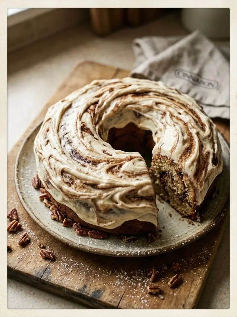 Delicious slice of Cinnabon cinnamon roll cake topped with cream cheese frosting