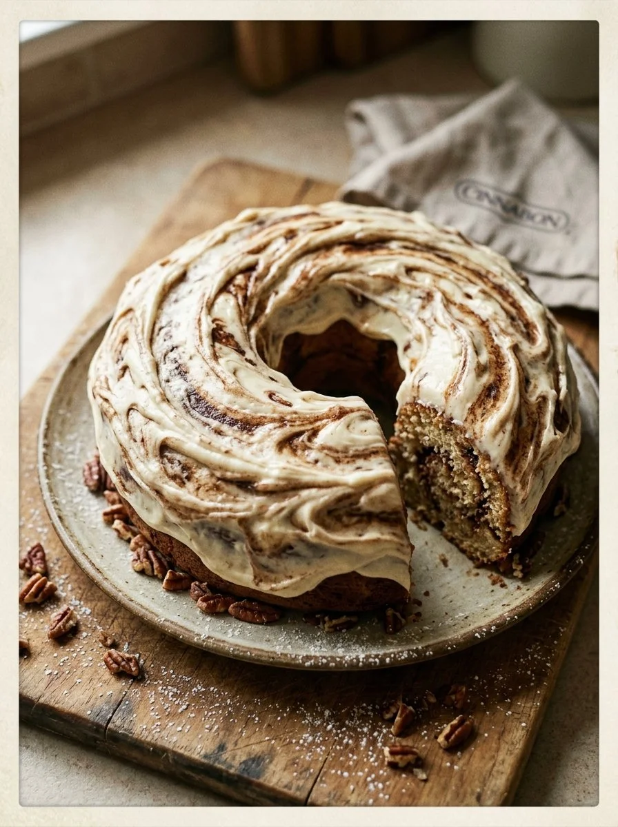 Delicious slice of Cinnabon cinnamon roll cake topped with cream cheese frosting