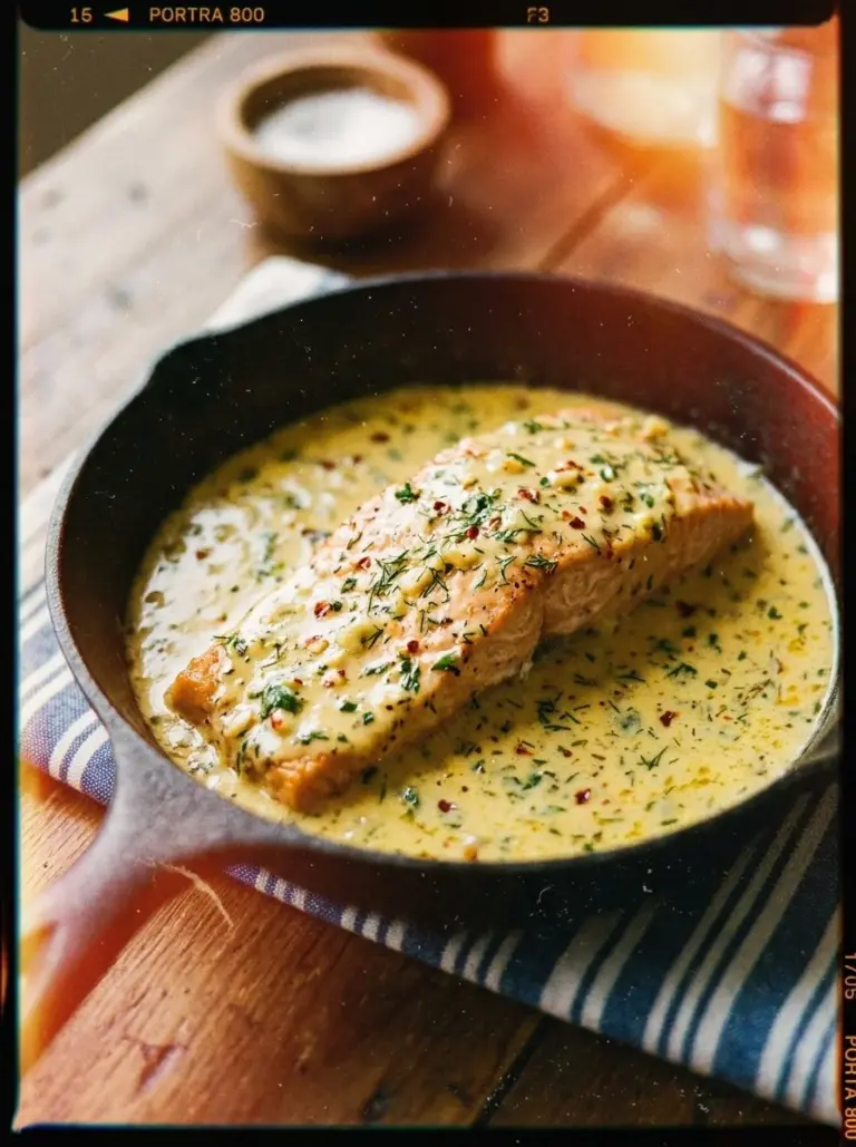 Creamy lemon garlic salmon garnished with herbs on a plate.