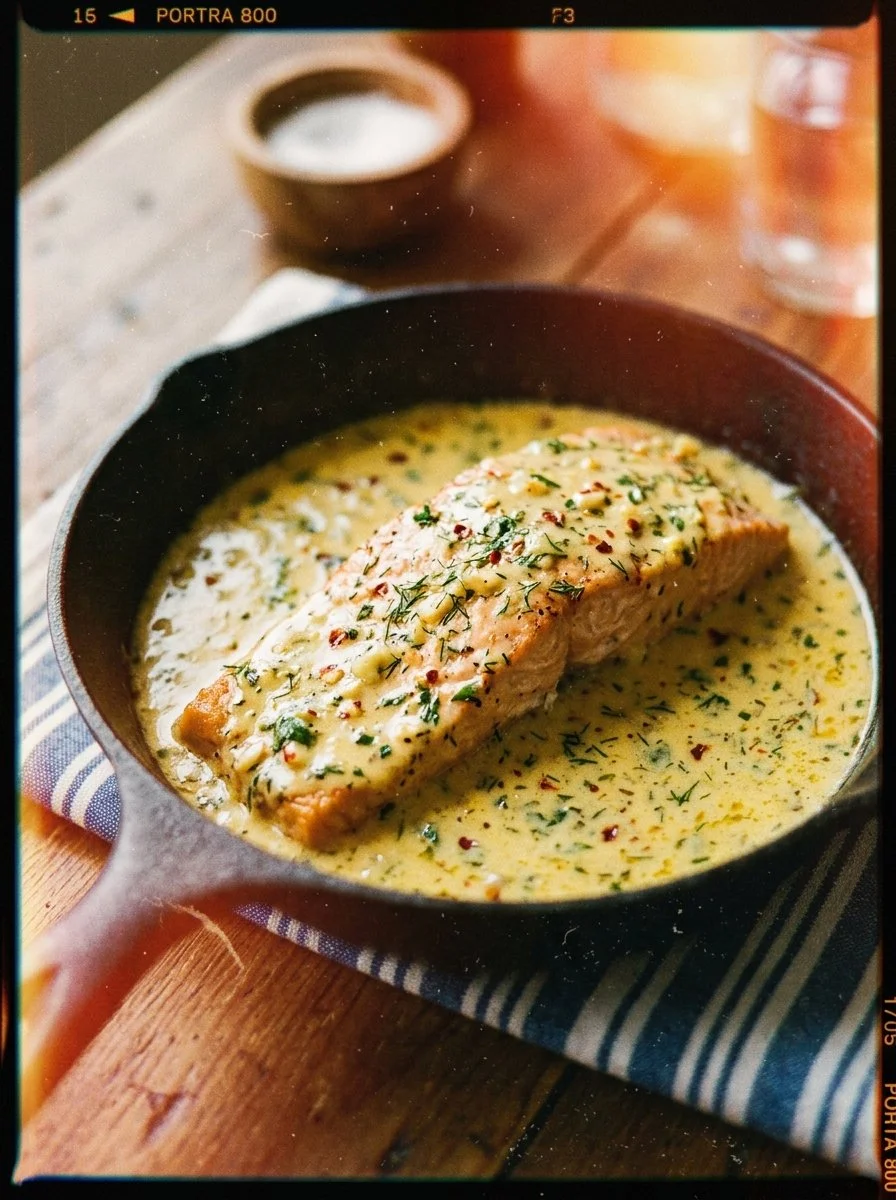 Creamy lemon garlic salmon garnished with herbs on a plate.