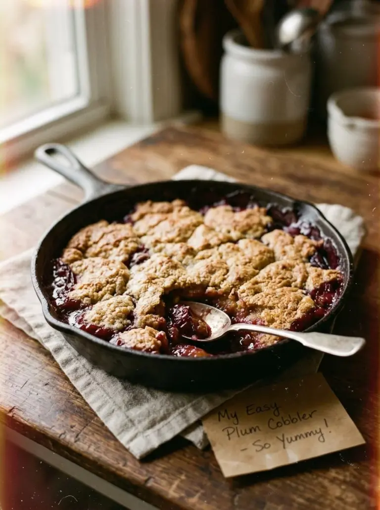 Delicious easy skillet plum cobbler ready to serve