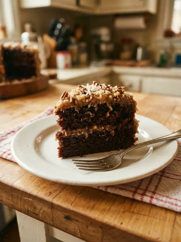 Irresistible German chocolate cake with coconut-pecan frosting layered delightfully