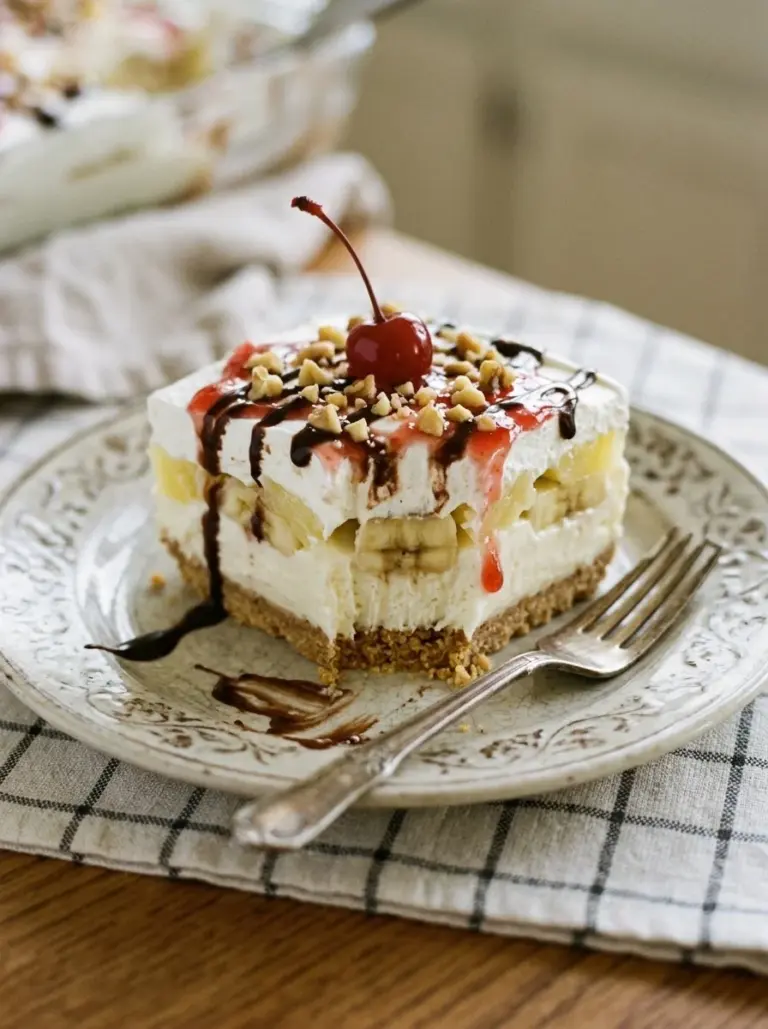 No-bake banana split cake topped with whipped cream and cherries