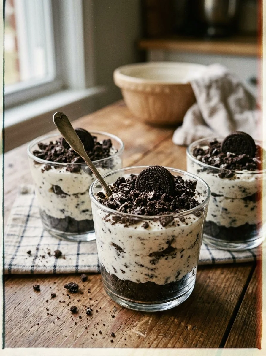 No-bake Oreo cheesecake cups topped with crushed Oreos and whipped cream