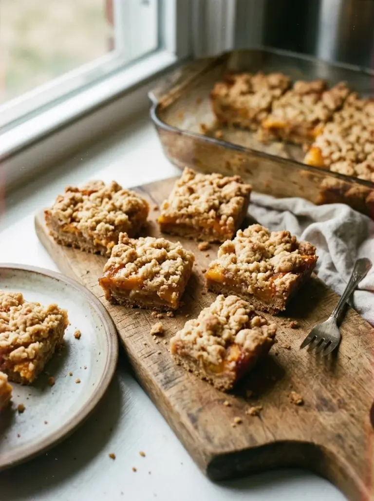 Delicious homemade peach crumb bars with a golden brown crumble topping.