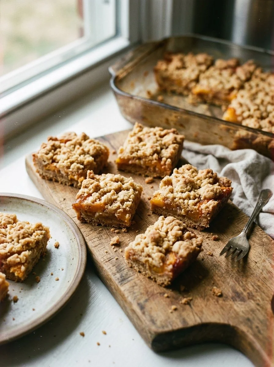 Delicious homemade peach crumb bars with a golden brown crumble topping.