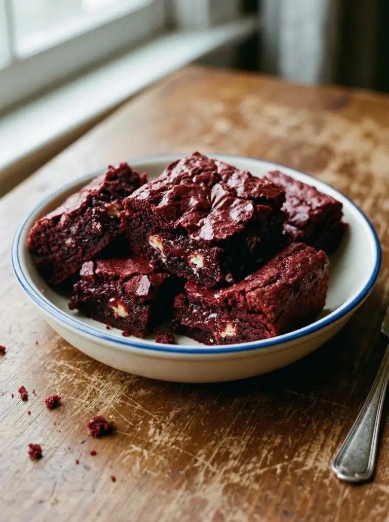 Delicious red velvet brownies topped with cream cheese frosting on a plate