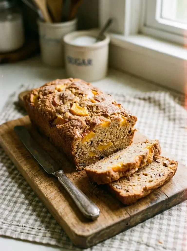 Freshly baked Southern peach bread with ripe peaches and a golden crust