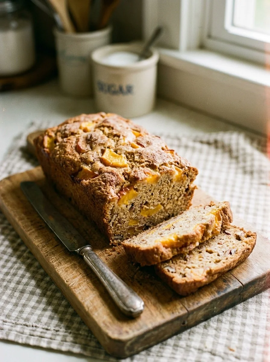 Freshly baked Southern peach bread with ripe peaches and a golden crust