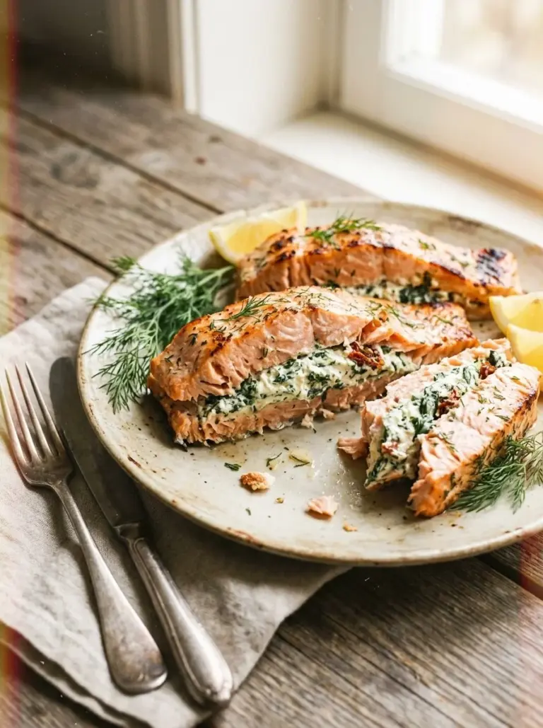 Delicious stuffed salmon with cream cheese filling on a plate