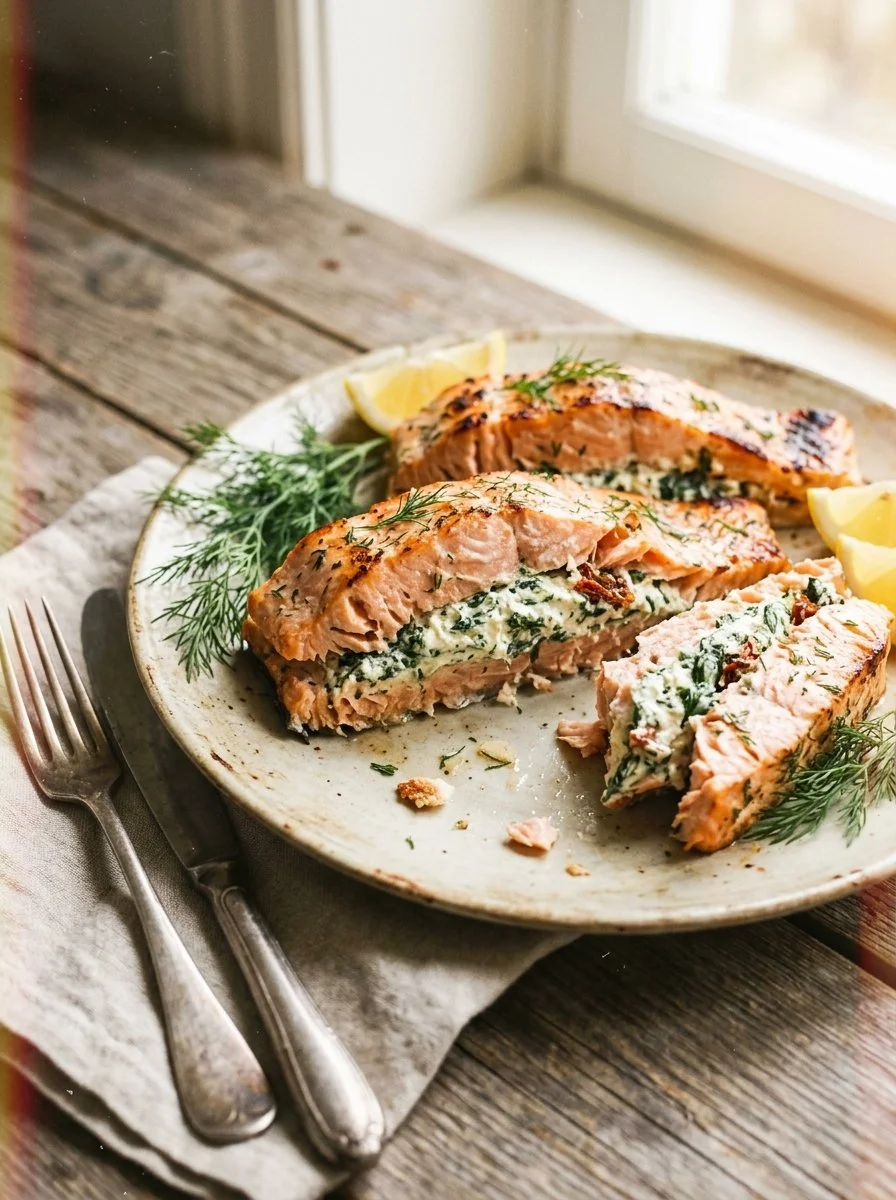 Delicious stuffed salmon with cream cheese filling on a plate