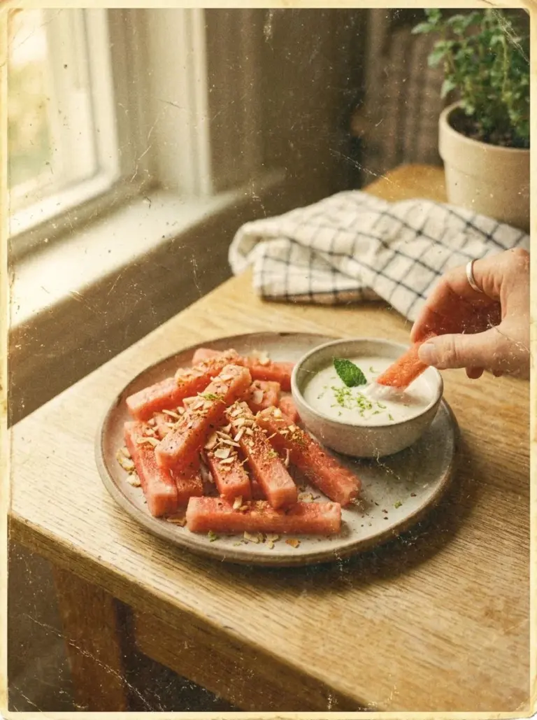Irresistible watermelon fries with coconut lime dip served in a bowl