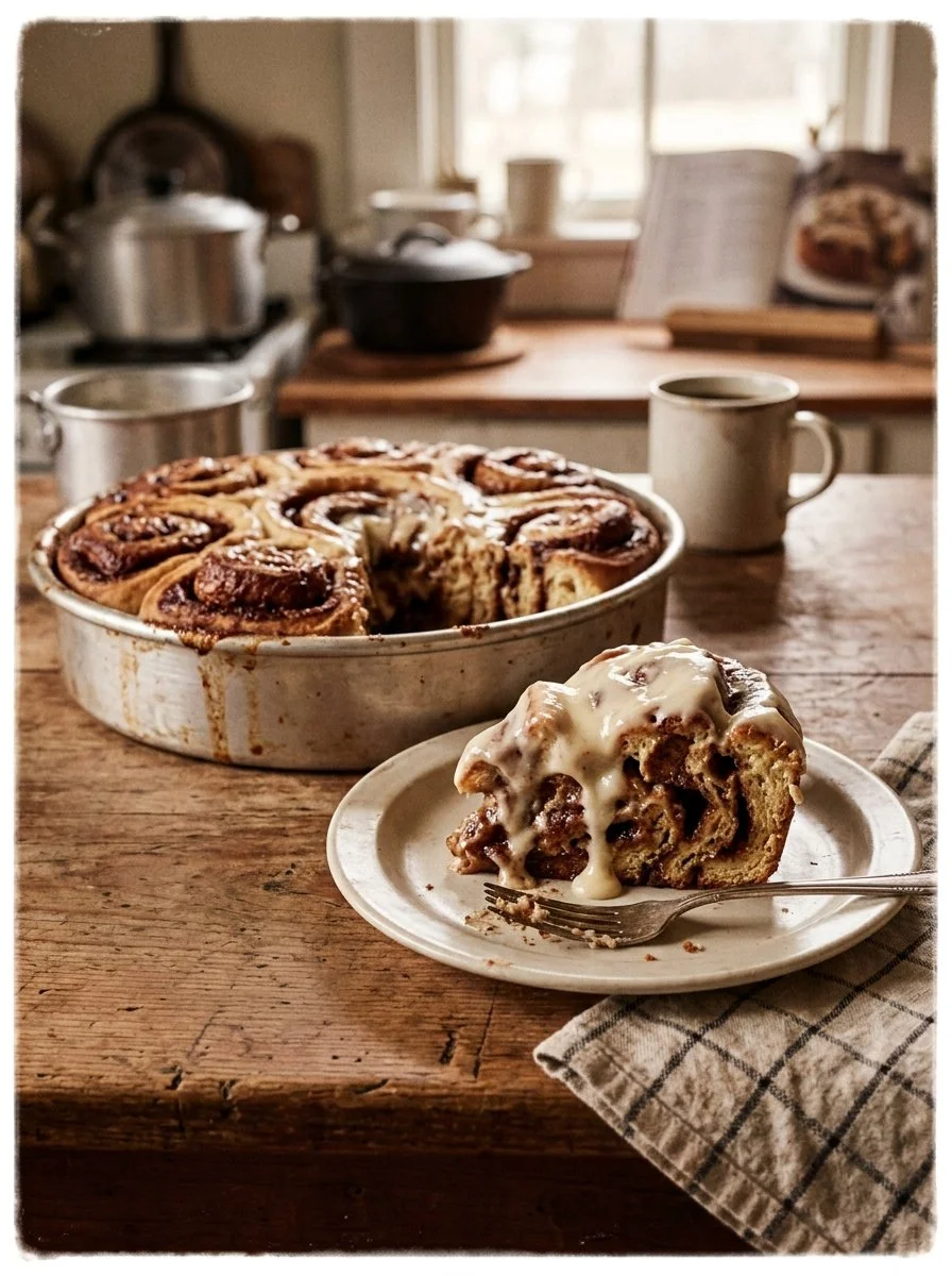 Decadent homemade cinnamon roll cake with glaze and cinnamon swirls