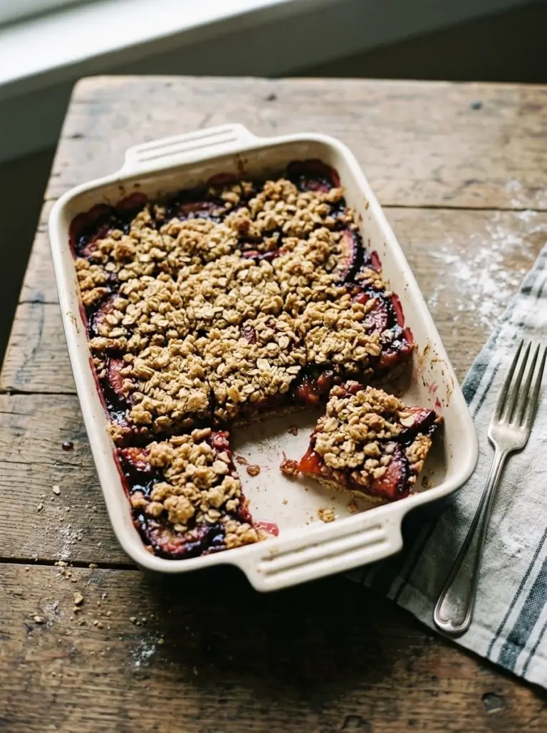 Delicious plum crumble bars topped with golden oat crumble